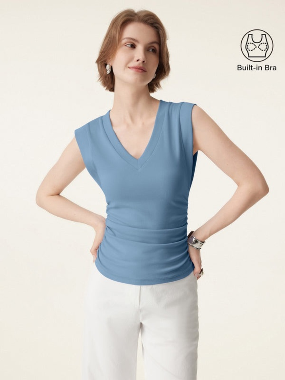 OGL Dusk Blue Stretch Cotton V-neck Side Ruched Muscle Bra Top Size Large